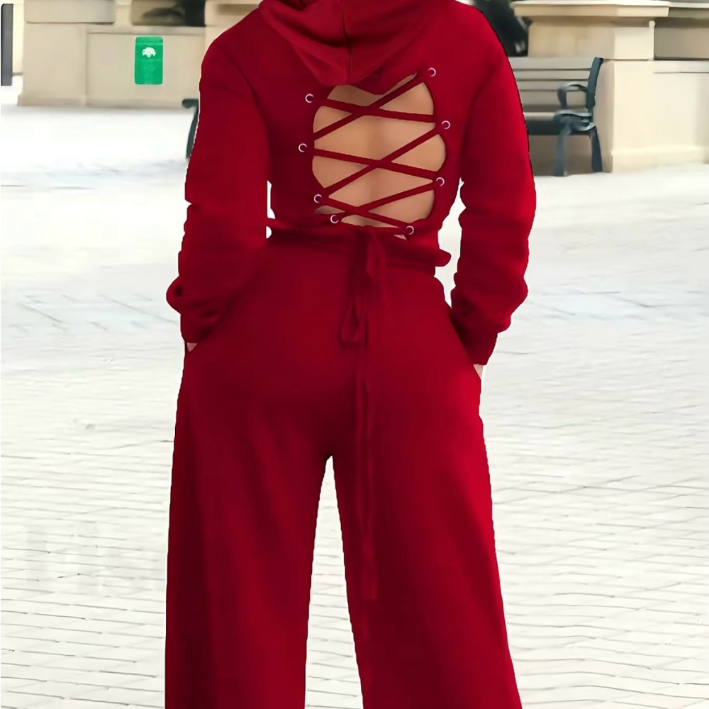 Red Lace-Up Back Two Piece Set